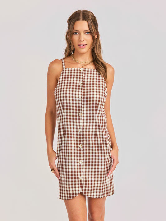 Mustang Gingham Buttoned Mini Dress in Brown - front crop view