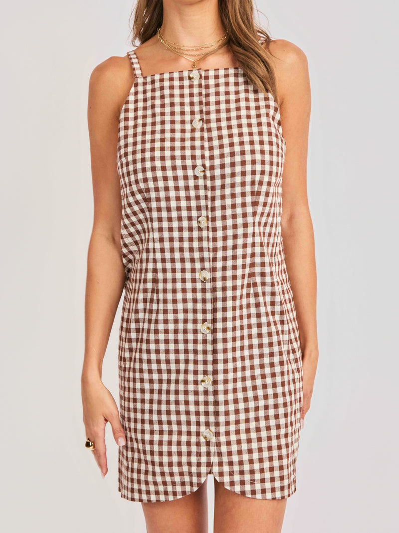 Mustang Gingham Buttoned Mini Dress in Brown - detail view
