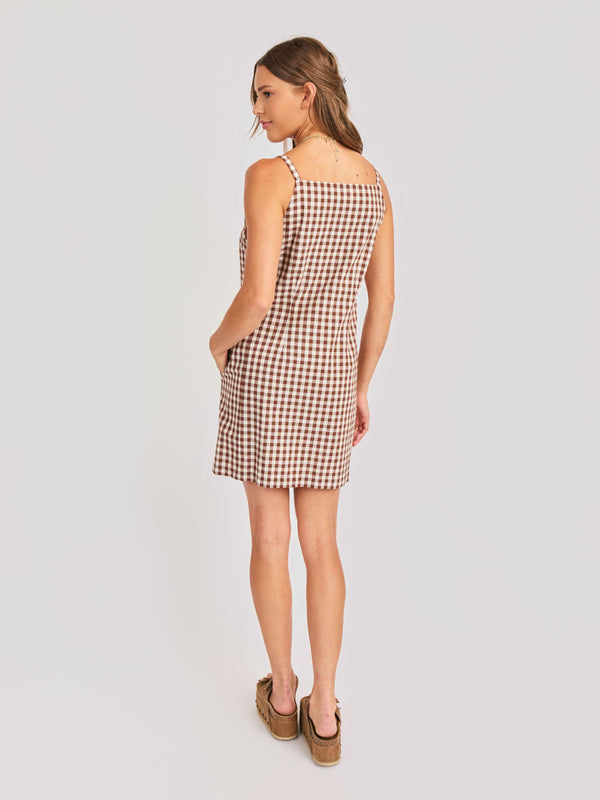 Mustang Gingham Buttoned Mini Dress in Brown - back view
