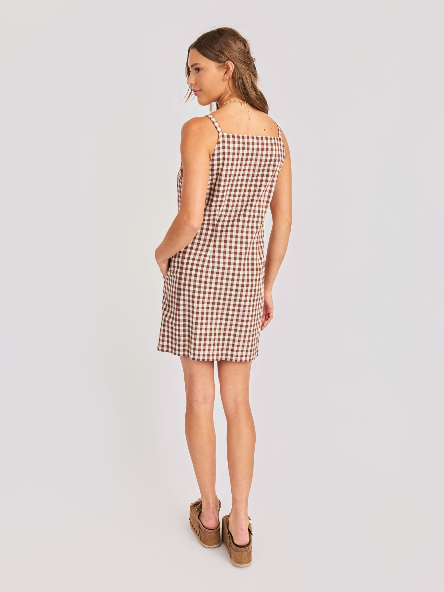 Mustang Gingham Buttoned Mini Dress in Brown - back view