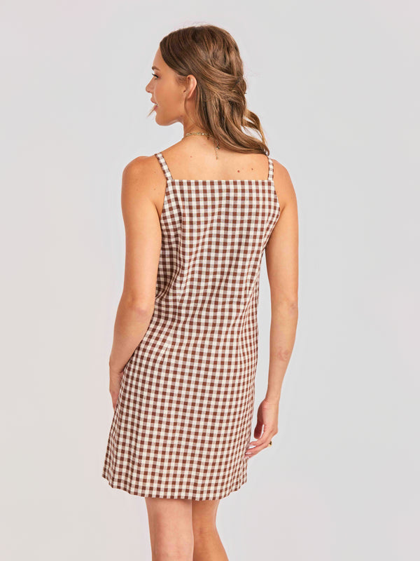 Mustang Gingham Buttoned Mini Dress in Brown - back crop view