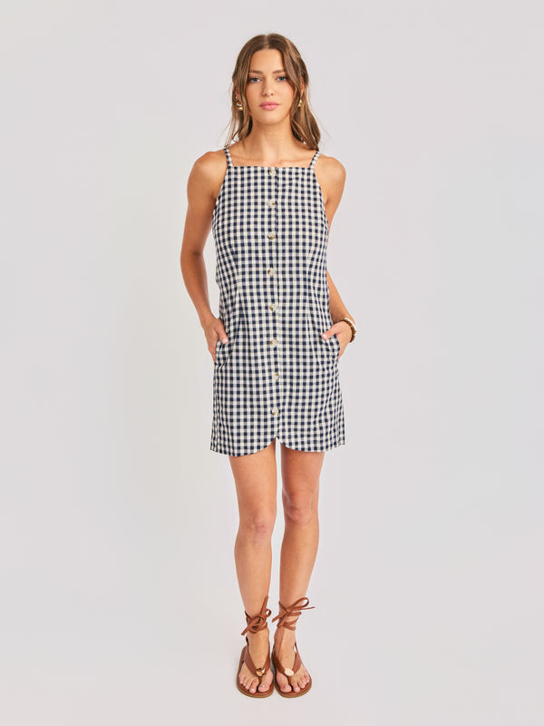 Mustang Gingham Buttoned Mini Dress in Navy - front view