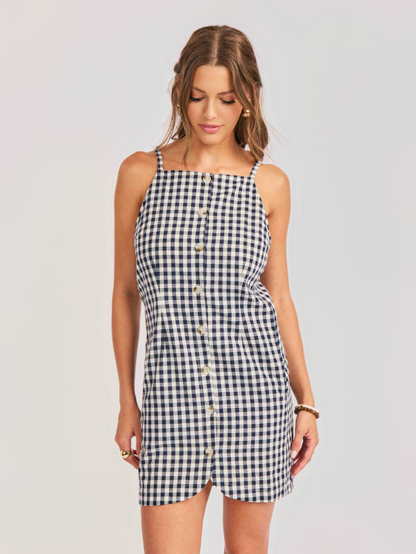 Mustang Gingham Buttoned Mini Dress in Navy - front crop view