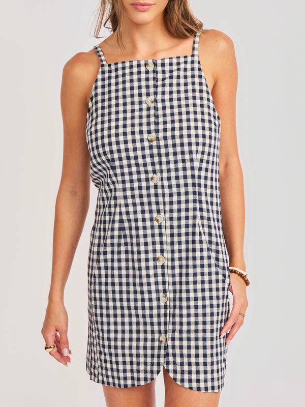 Mustang Gingham Buttoned Mini Dress in Navy - detail view