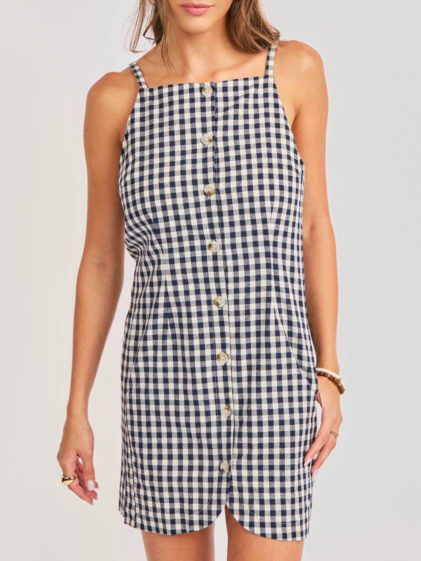 Mustang Gingham Buttoned Mini Dress in Navy - detail view