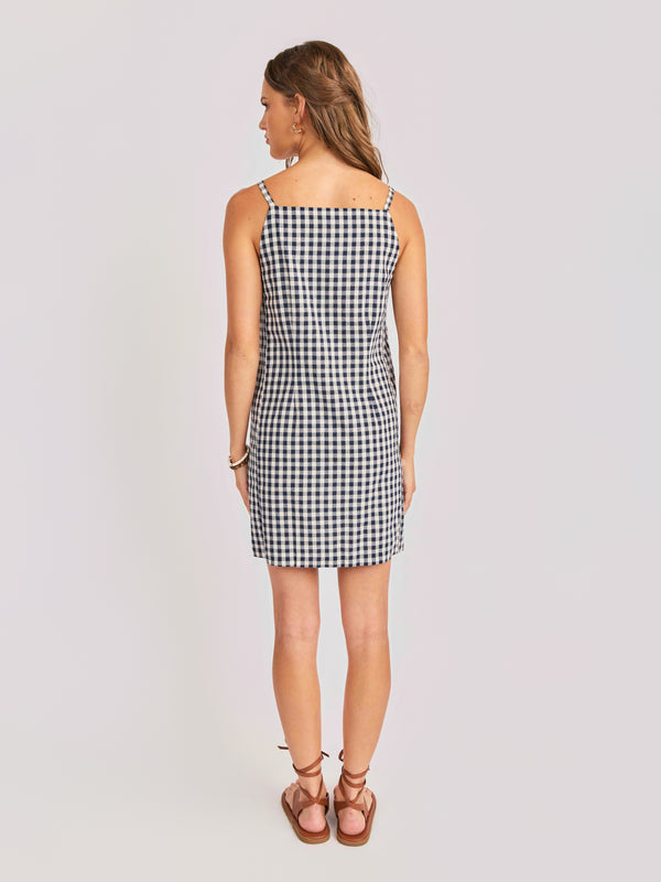 Mustang Gingham Buttoned Mini Dress in Navy - back view