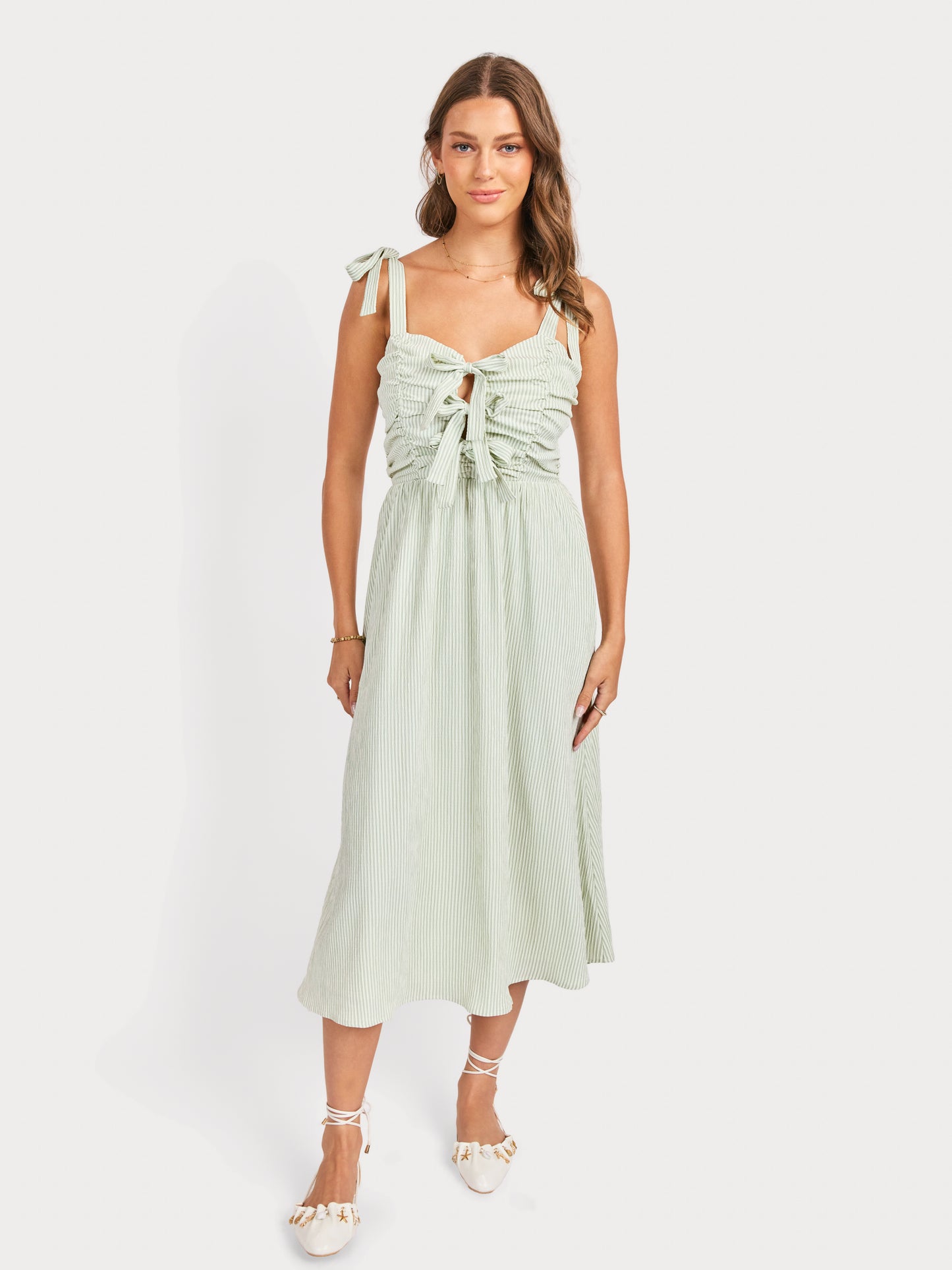 See Me Stripe Bow Midi Dress in Sage Cream - front view