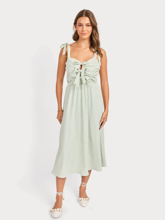 See Me Stripe Bow Midi Dress in Sage Cream - front view