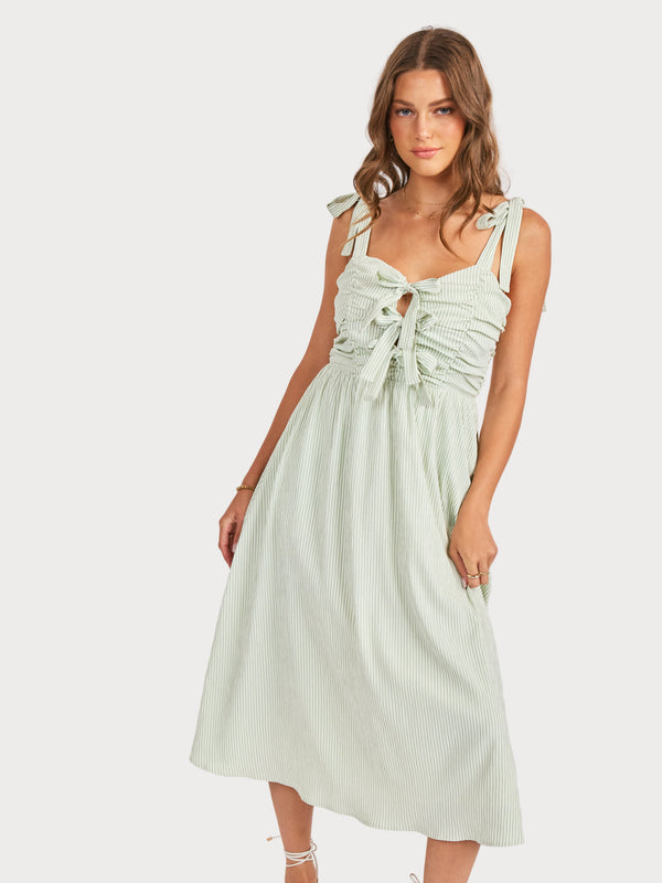 See Me Stripe Bow Midi Dress in Sage Cream - mood image