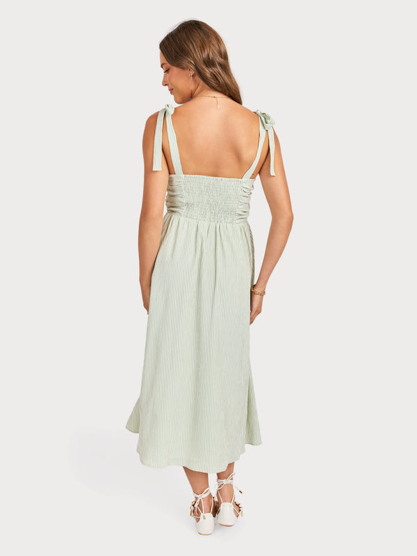 See Me Stripe Bow Midi Dress in Sage Cream - back view