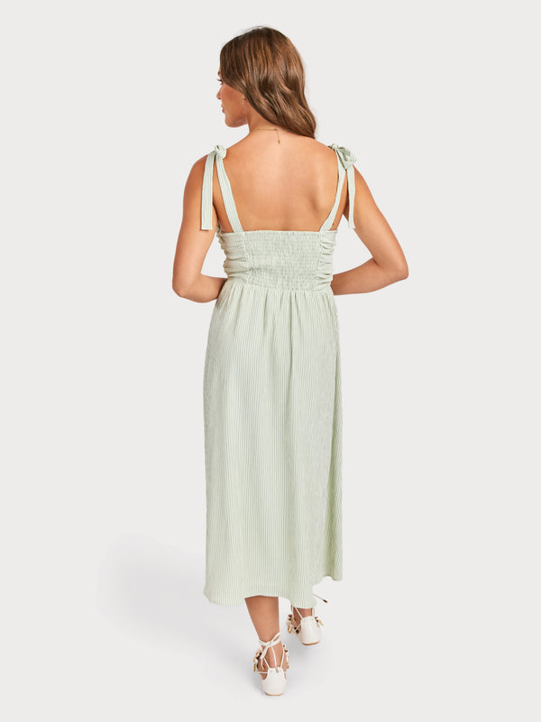 See Me Stripe Bow Midi Dress in Sage Cream - back crop view