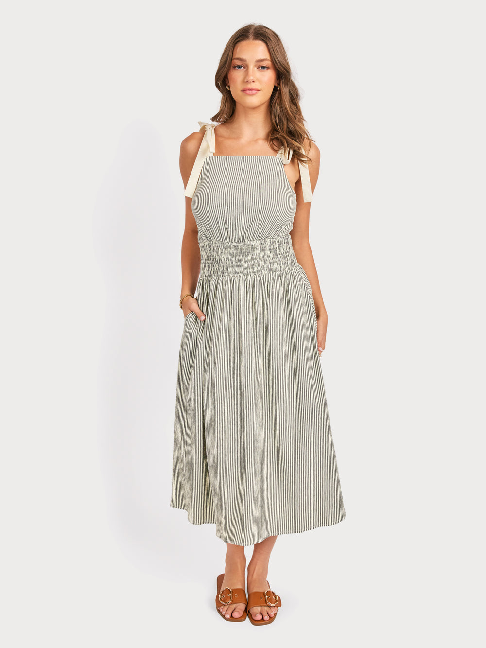 See Me Stripe Midi Dress in Black Cream - front crop view