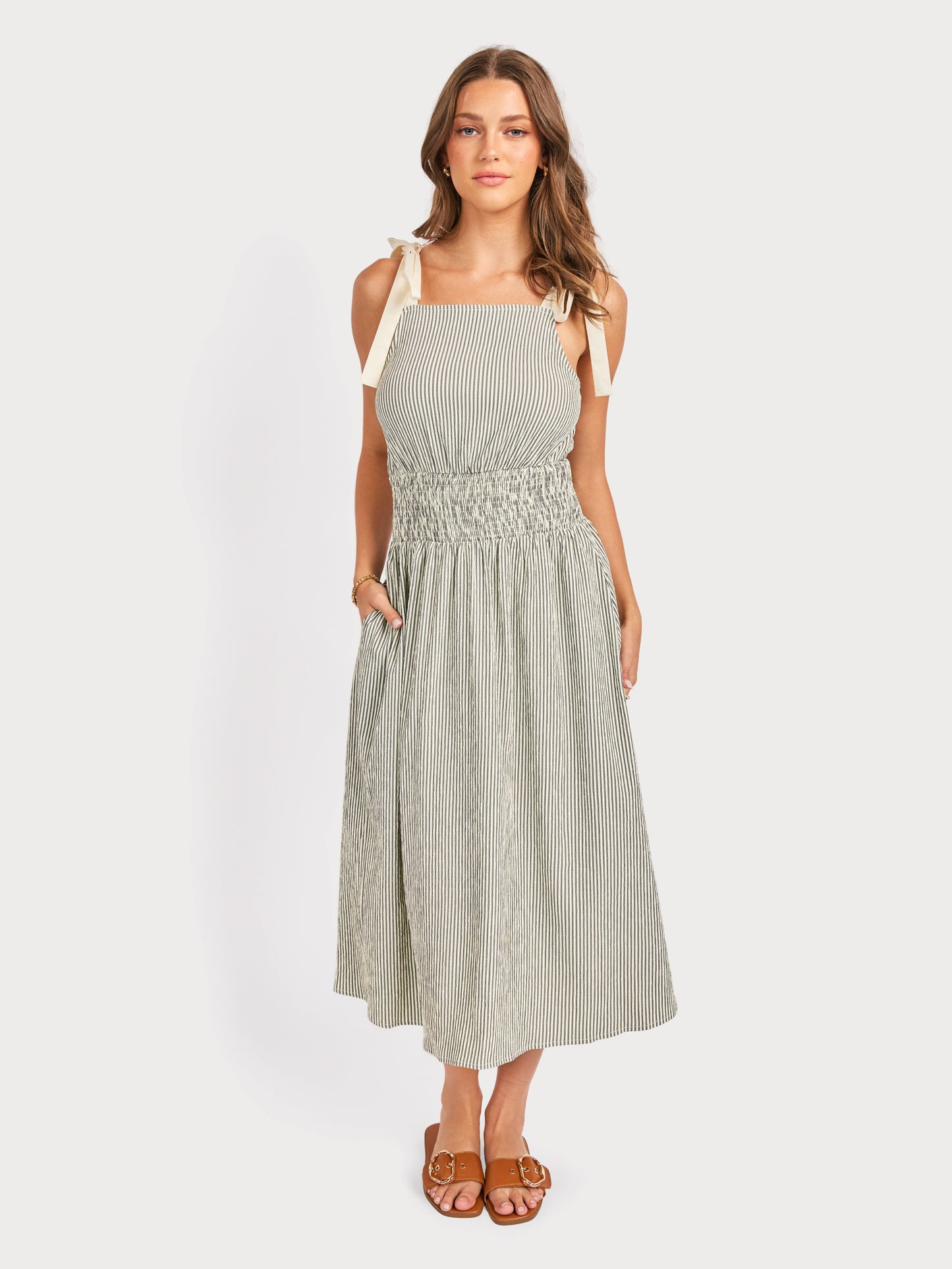 See Me Stripe Midi Dress in Black Cream - front crop view