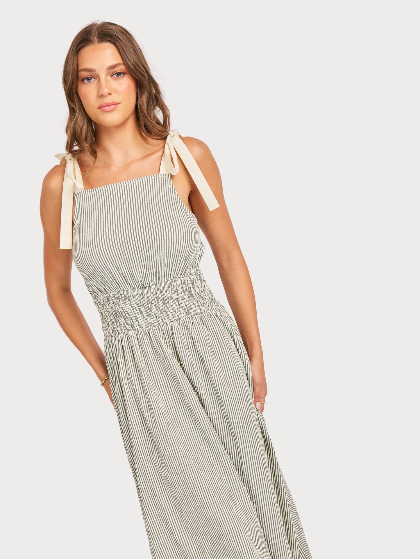 See Me Stripe Midi Dress in Black Cream - mood image