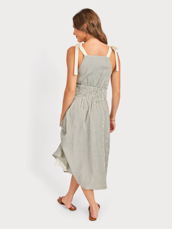 See Me Stripe Midi Dress in Black Cream - back crop view