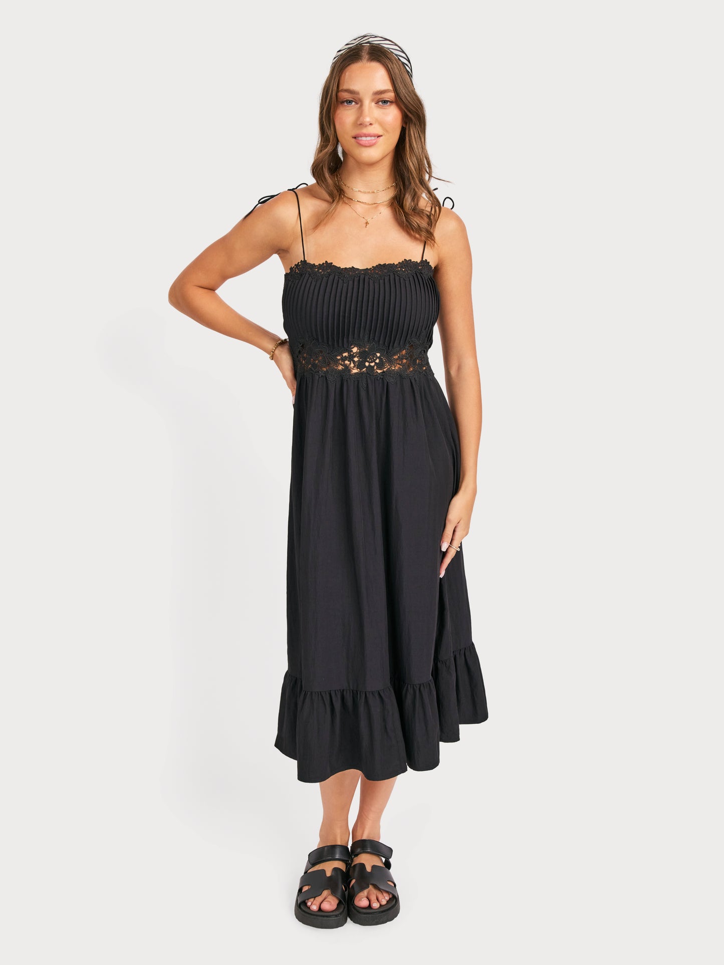 Night Bloom Pintuck Lace Midi Dress in Black - front crop view