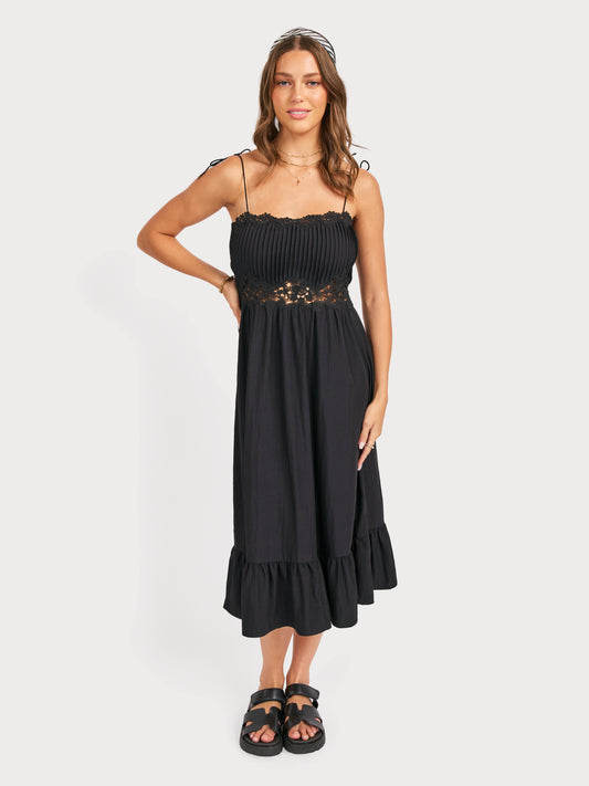 Night Bloom Pintuck Lace Midi Dress in Black - front crop view
