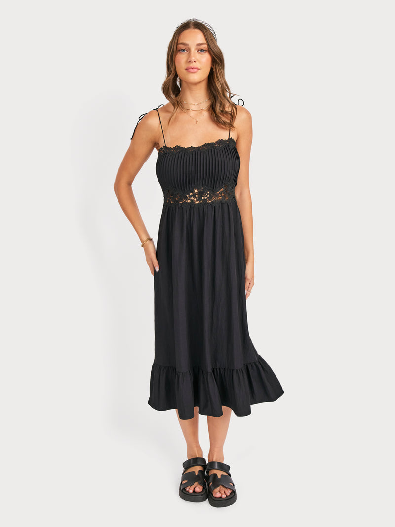 Night Bloom Pintuck Lace Midi Dress in Black - front view