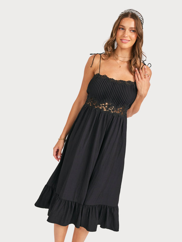 Night Bloom Pintuck Lace Midi Dress in Black - mood image
