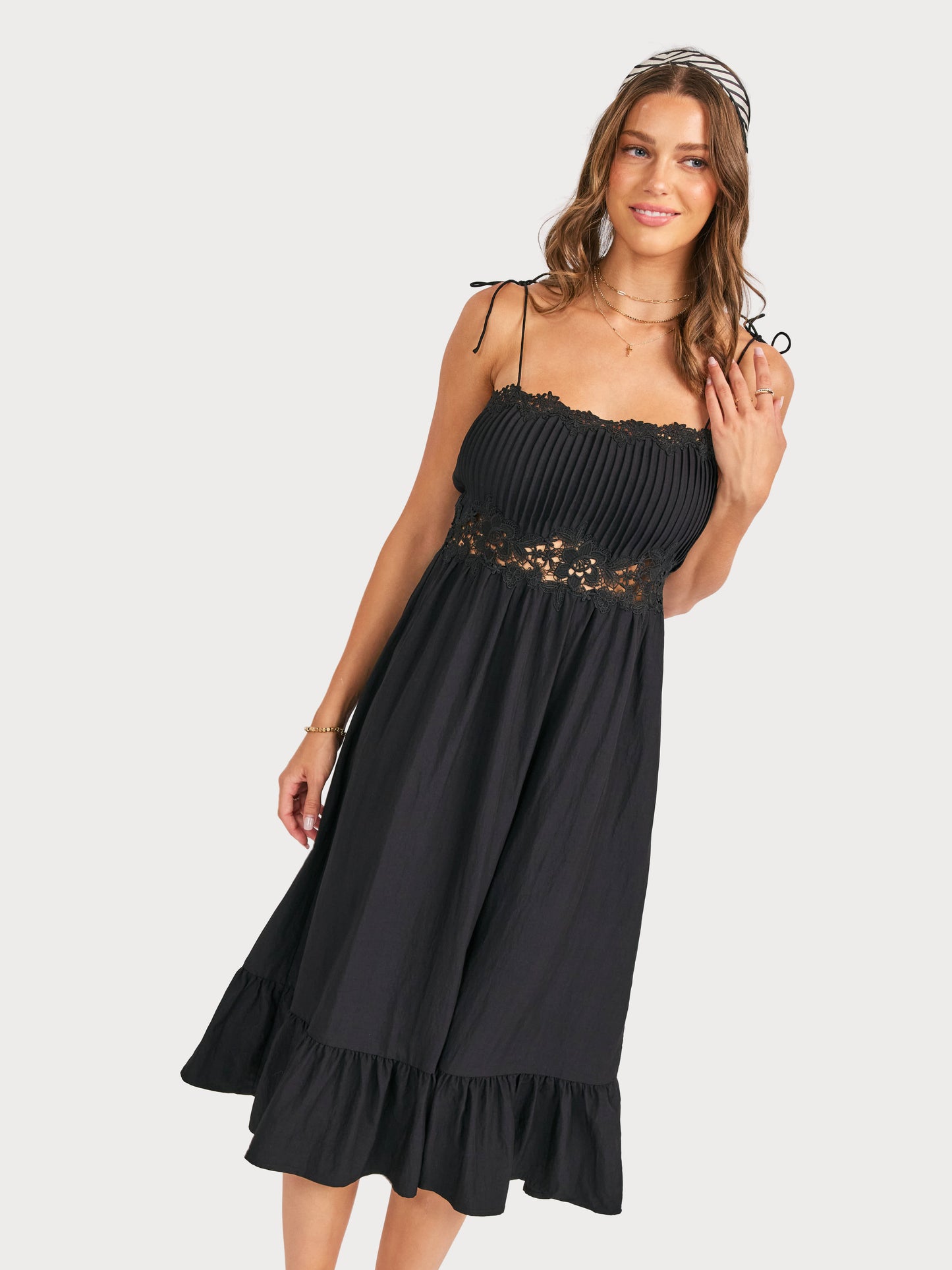 Night Bloom Pintuck Lace Midi Dress in Black - mood image
