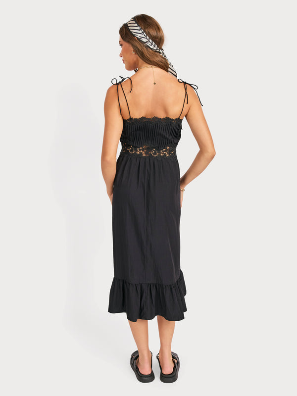 Night Bloom Pintuck Lace Midi Dress in Black - back view