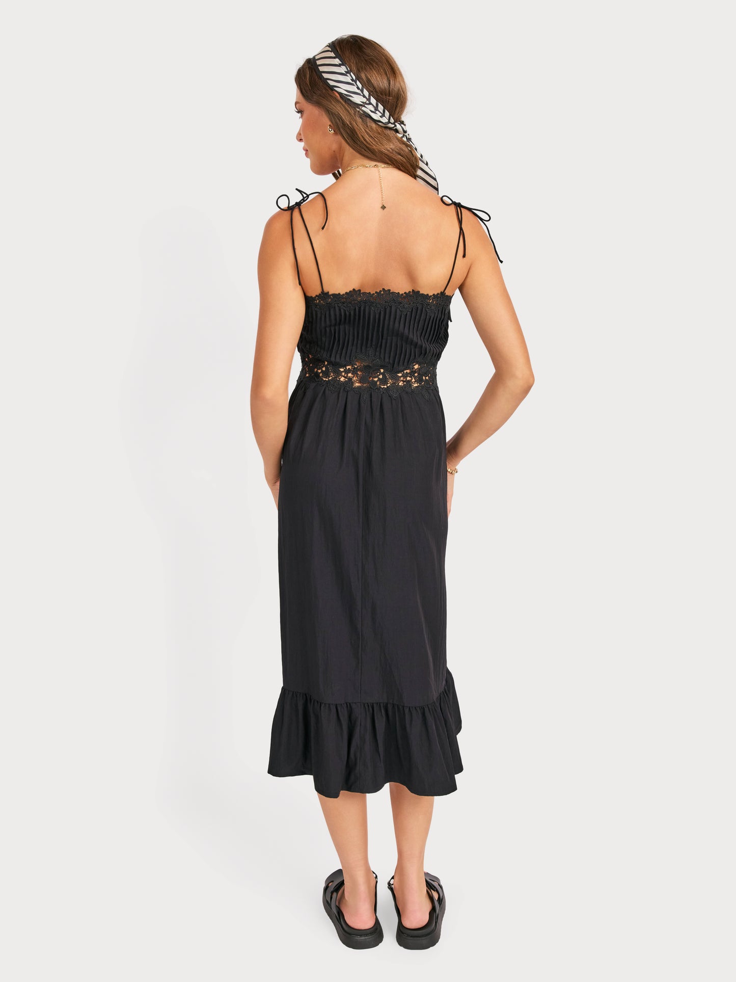 Night Bloom Pintuck Lace Midi Dress in Black - back view
