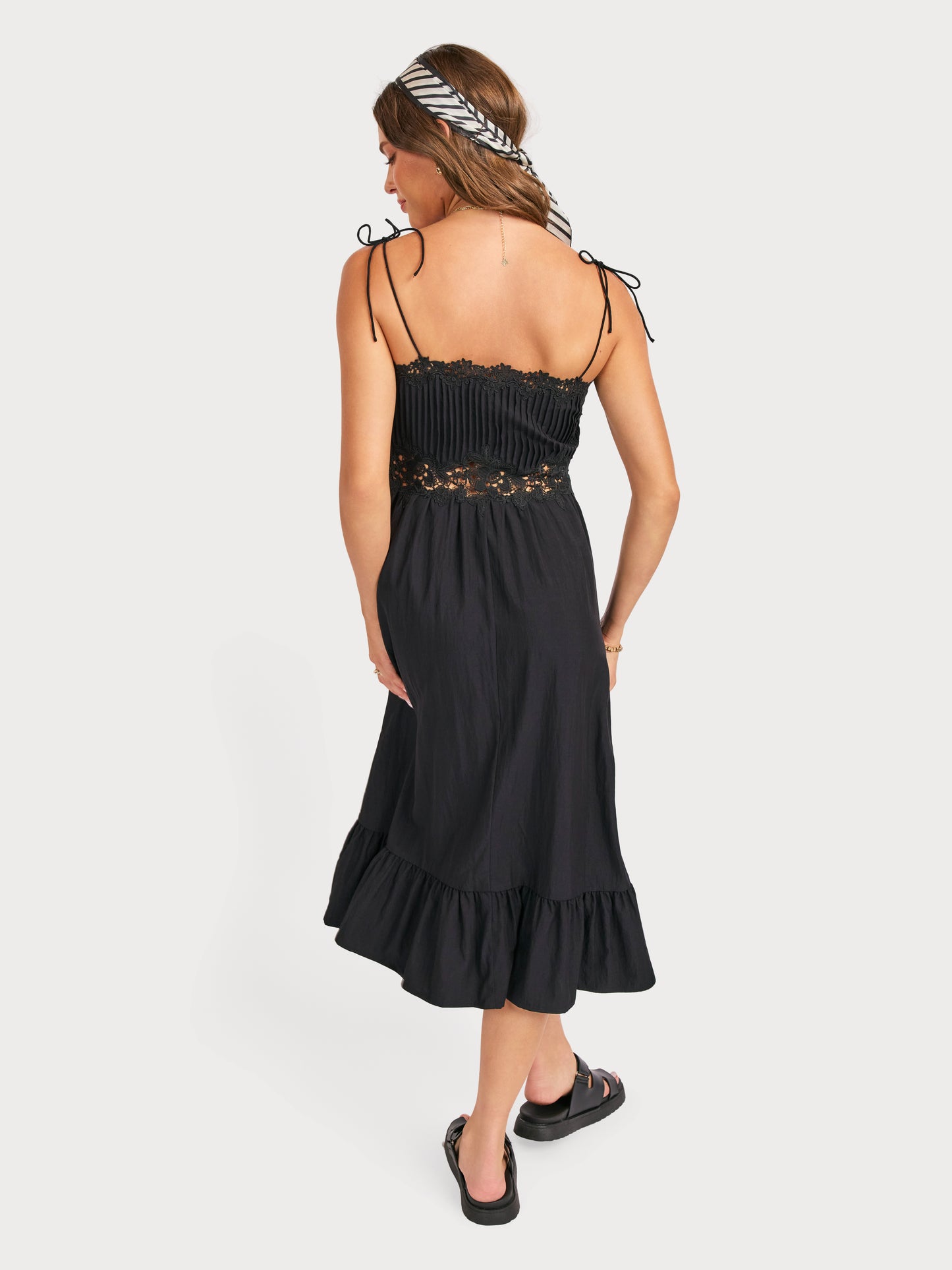 Night Bloom Pintuck Lace Midi Dress in Black - back crop view