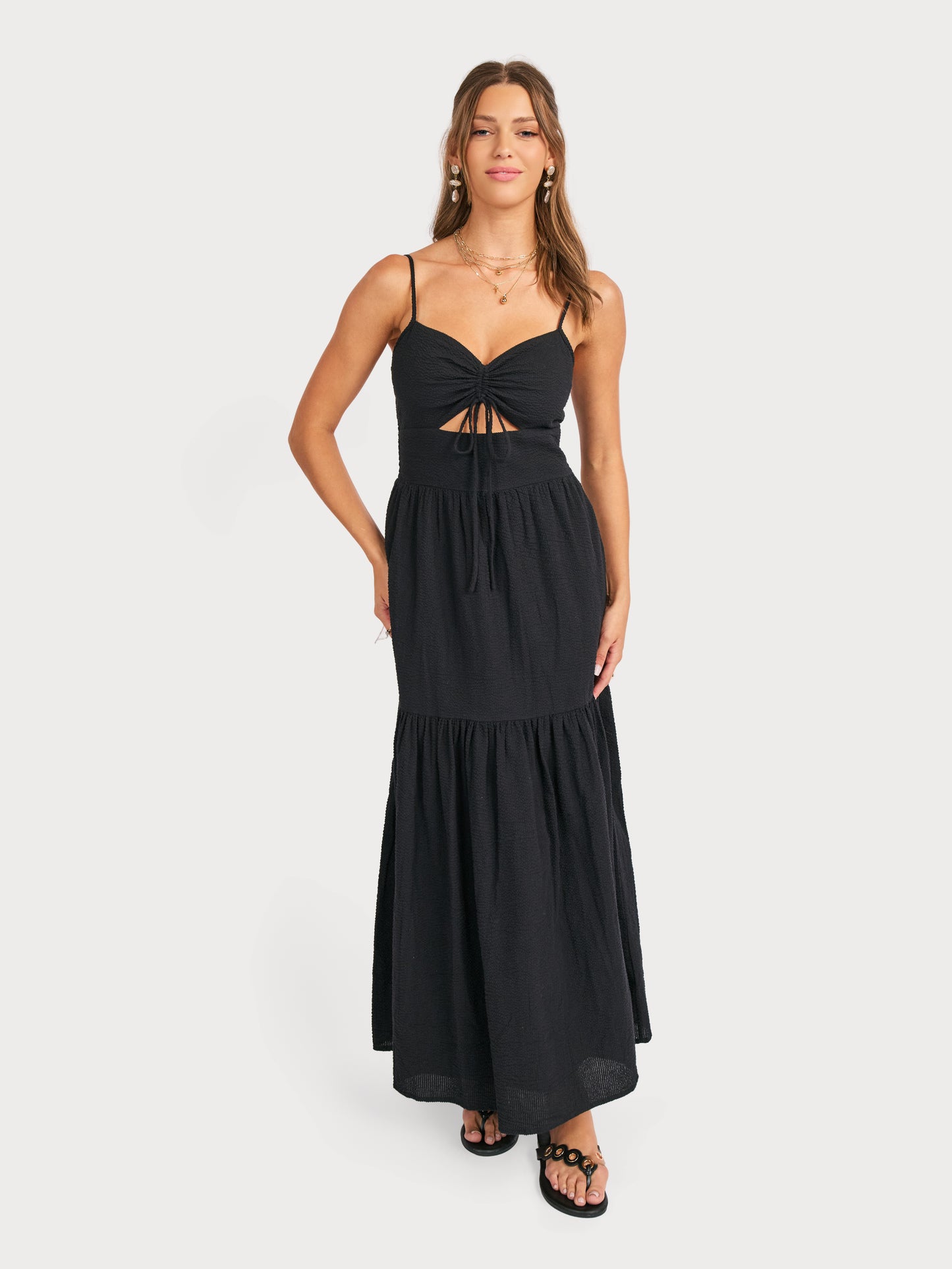 Terra Ruched Maxi Dress in Black - front view