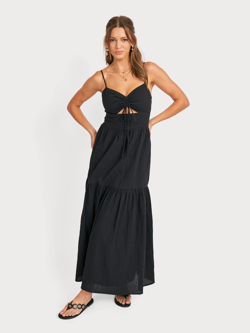 Terra Ruched Maxi Dress in Black - front crop view