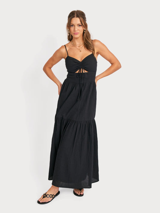 Terra Ruched Maxi Dress in Black - front crop view