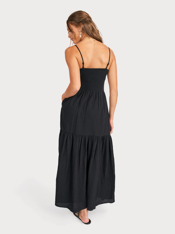 Terra Ruched Maxi Dress in Black - back crop view