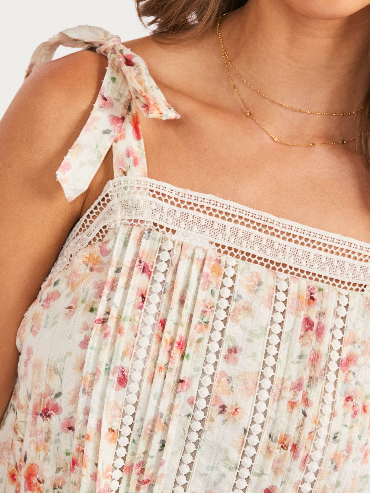 Rosita Lace Trim Mini Dress in Cream Multi - detail view