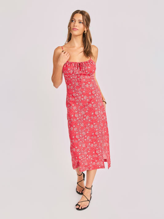 Firecracker Midi Dress in Red Multi - front crop view