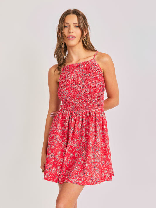 Firecracker Shirred Mini Dress in Red Multi - front crop view