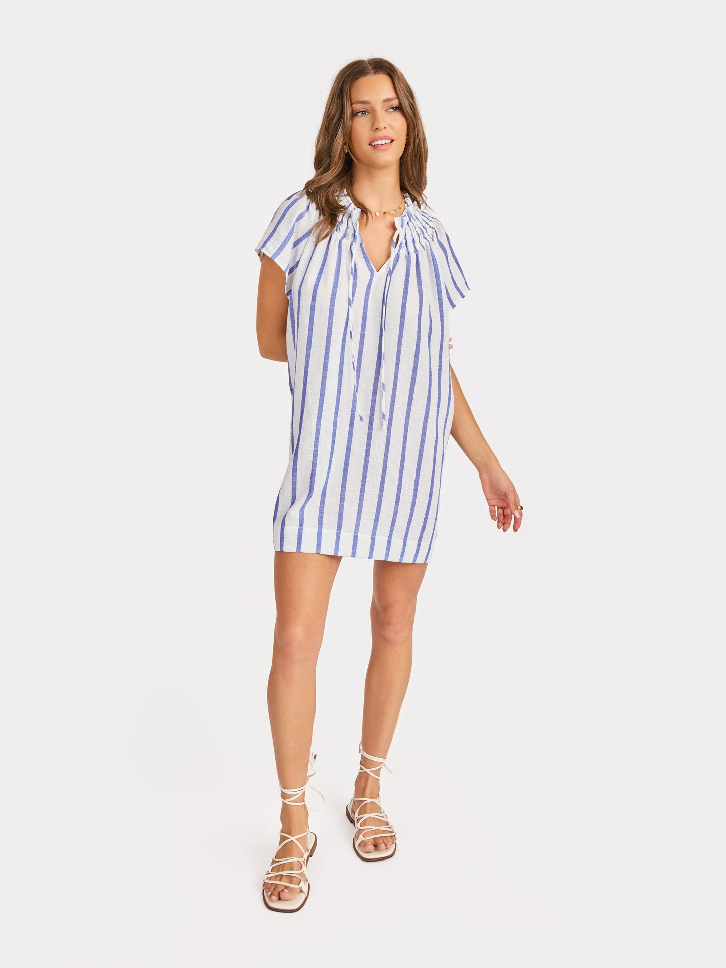 Daytrip Stripe Mini Dress in White Blue - front view