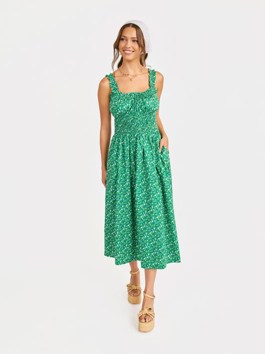 Sun Escape Shirred Waist Midi Dress in Kelly Green Multi - front view