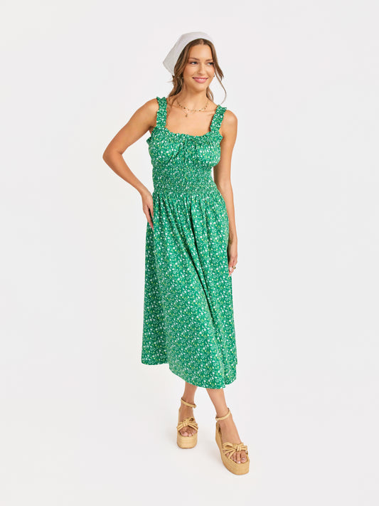 Sun Escape Shirred Waist Midi Dress in Kelly Green Multi - front crop view