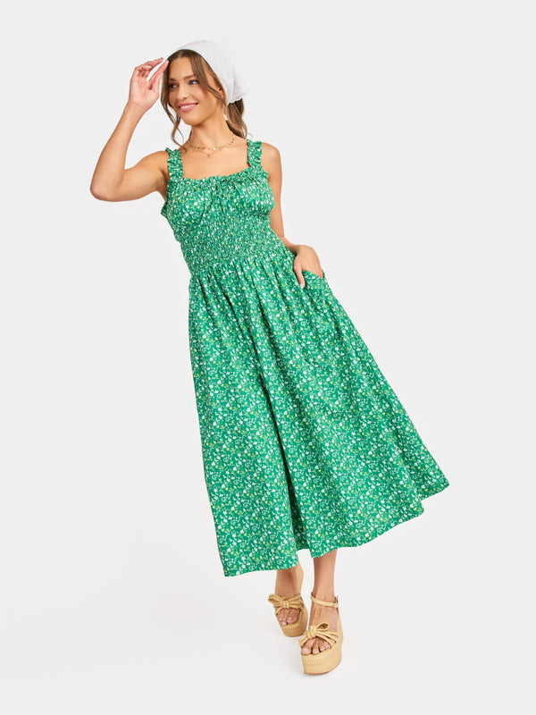 Sun Escape Shirred Waist Midi Dress in Kelly Green Multi - mood image