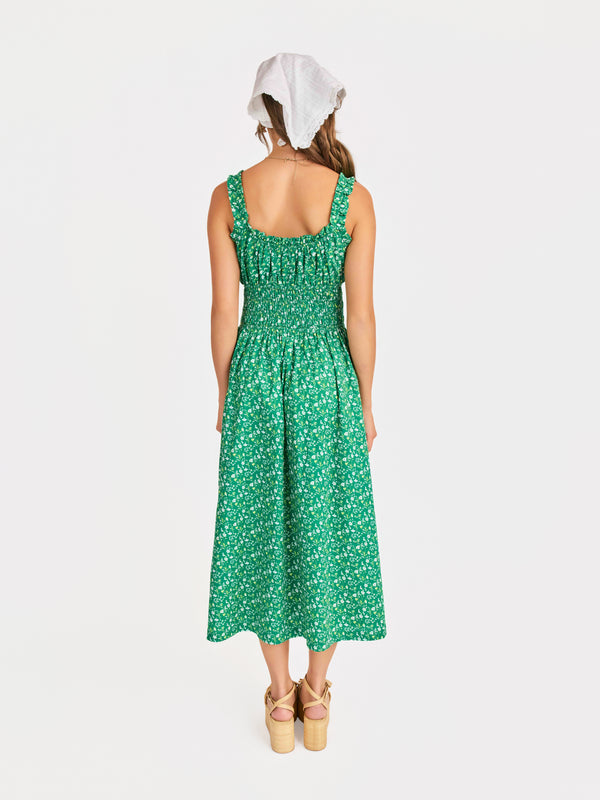 Sun Escape Shirred Waist Midi Dress in Kelly Green Multi - back view