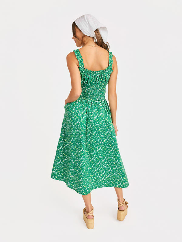Sun Escape Shirred Waist Midi Dress in Kelly Green Multi - back crop view