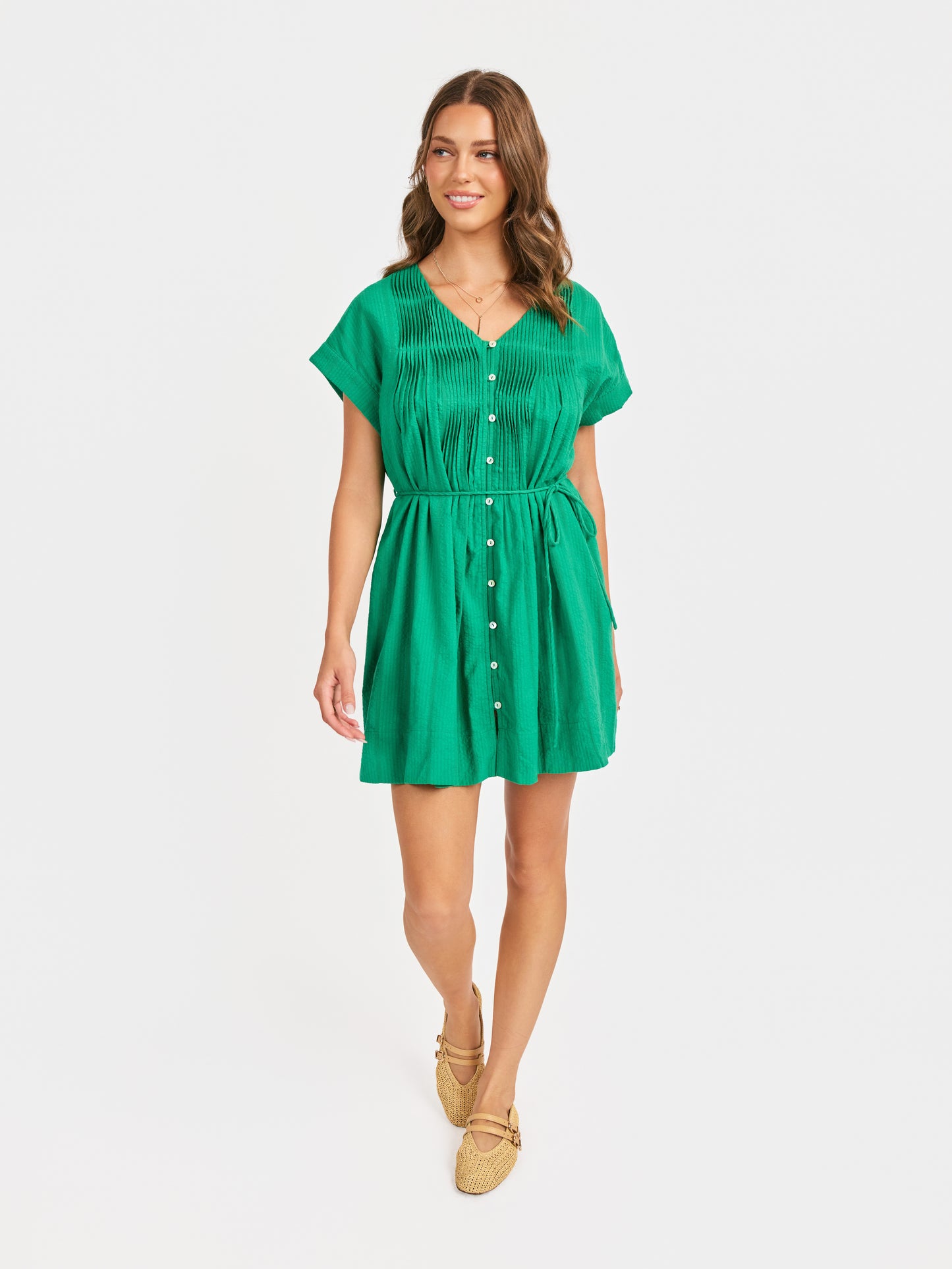 Radiate Pintuck Mini Dress in Green - front view