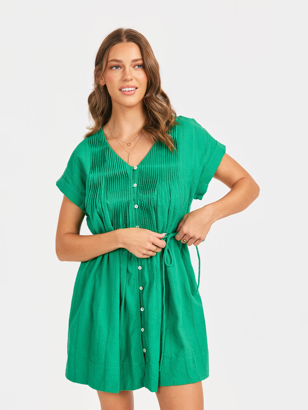 Radiate Pintuck Mini Dress in Green - front crop view