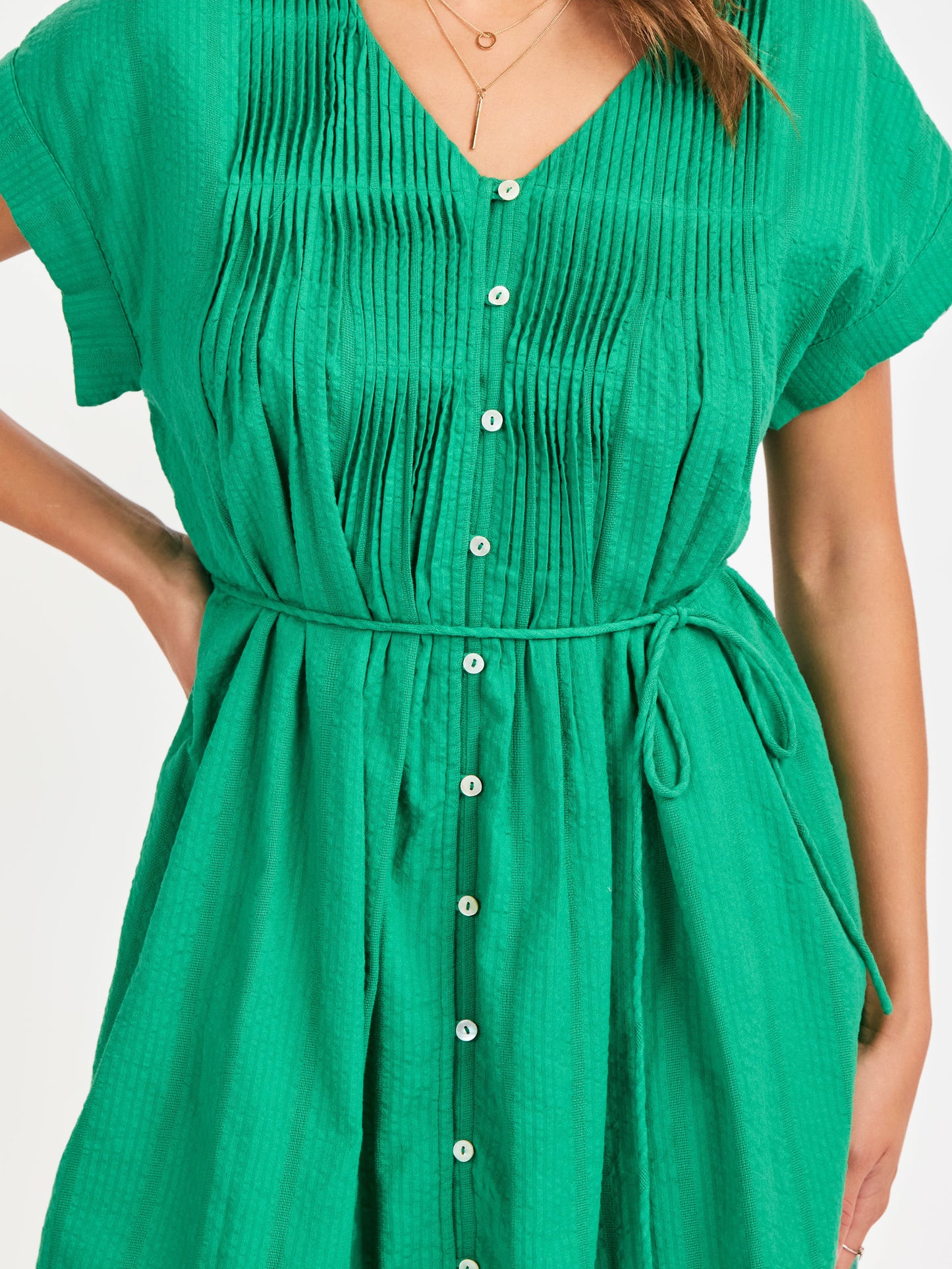 Radiate Pintuck Mini Dress in Green - detail view