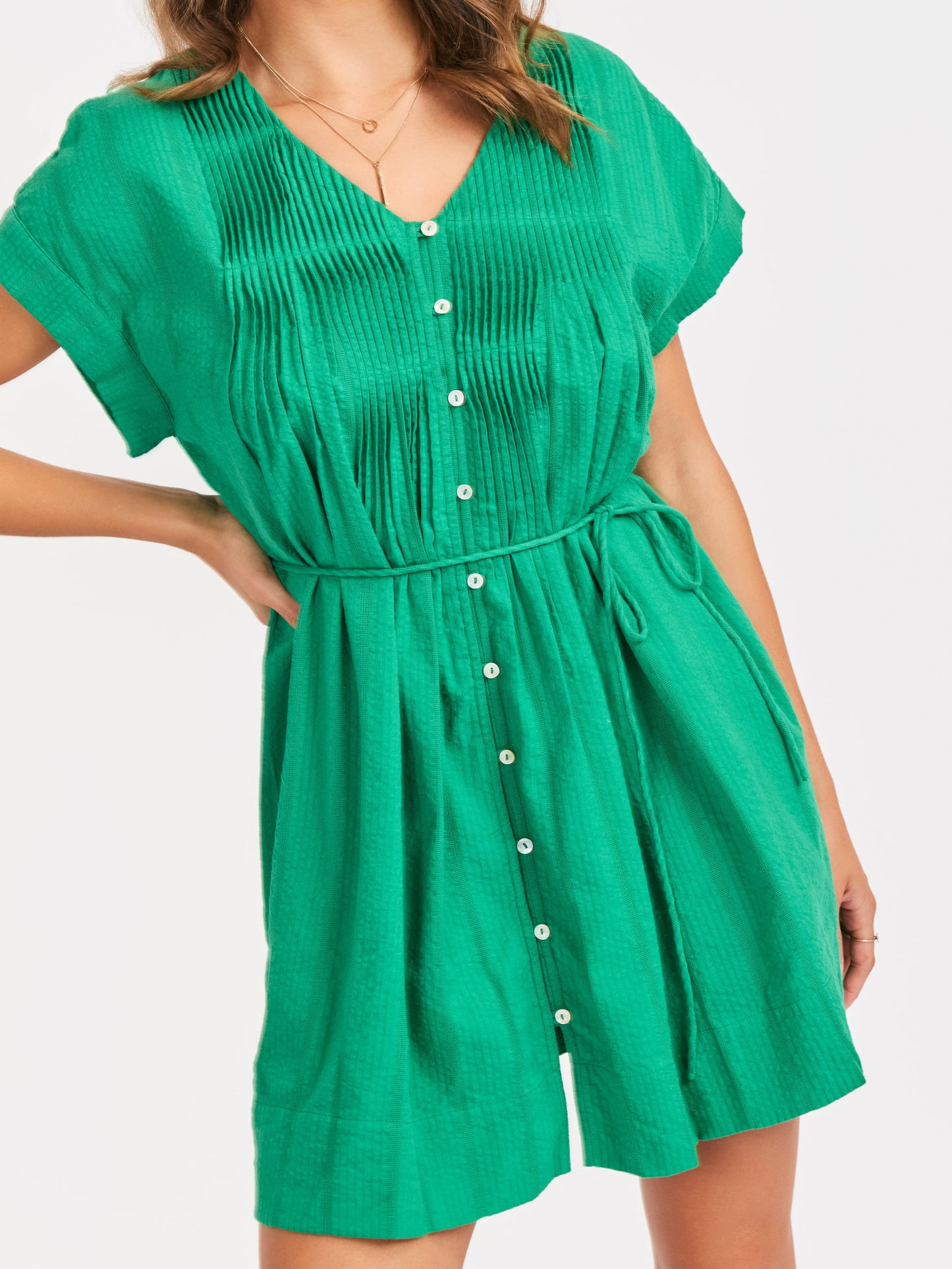 Radiate Pintuck Mini Dress in Green - mood image