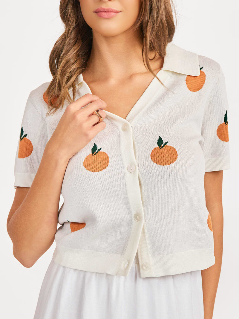 Citron Embroidered Orange Knit Shirt in Ivory Orange - detail view