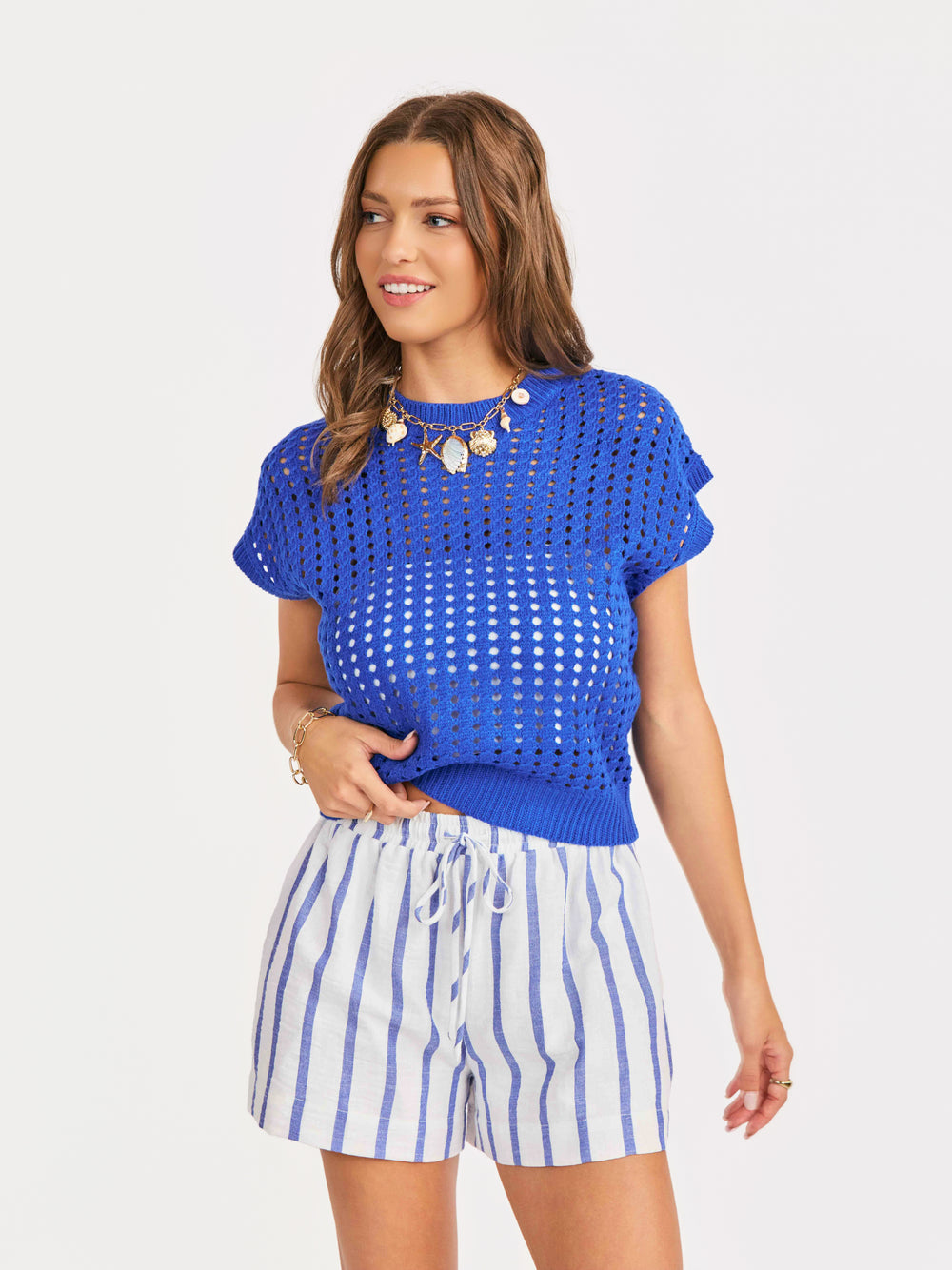 Elia Open Knit Pullover in Cobalt Blue - front crop view