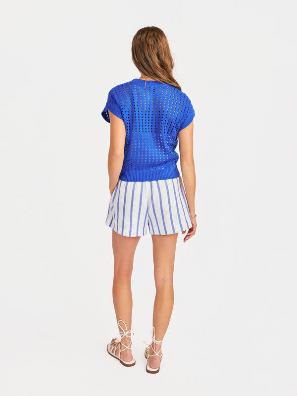 Elia Open Knit Pullover in Cobalt Blue - back view