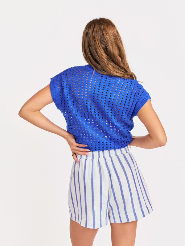 Elia Open Knit Pullover in Cobalt Blue - back crop view