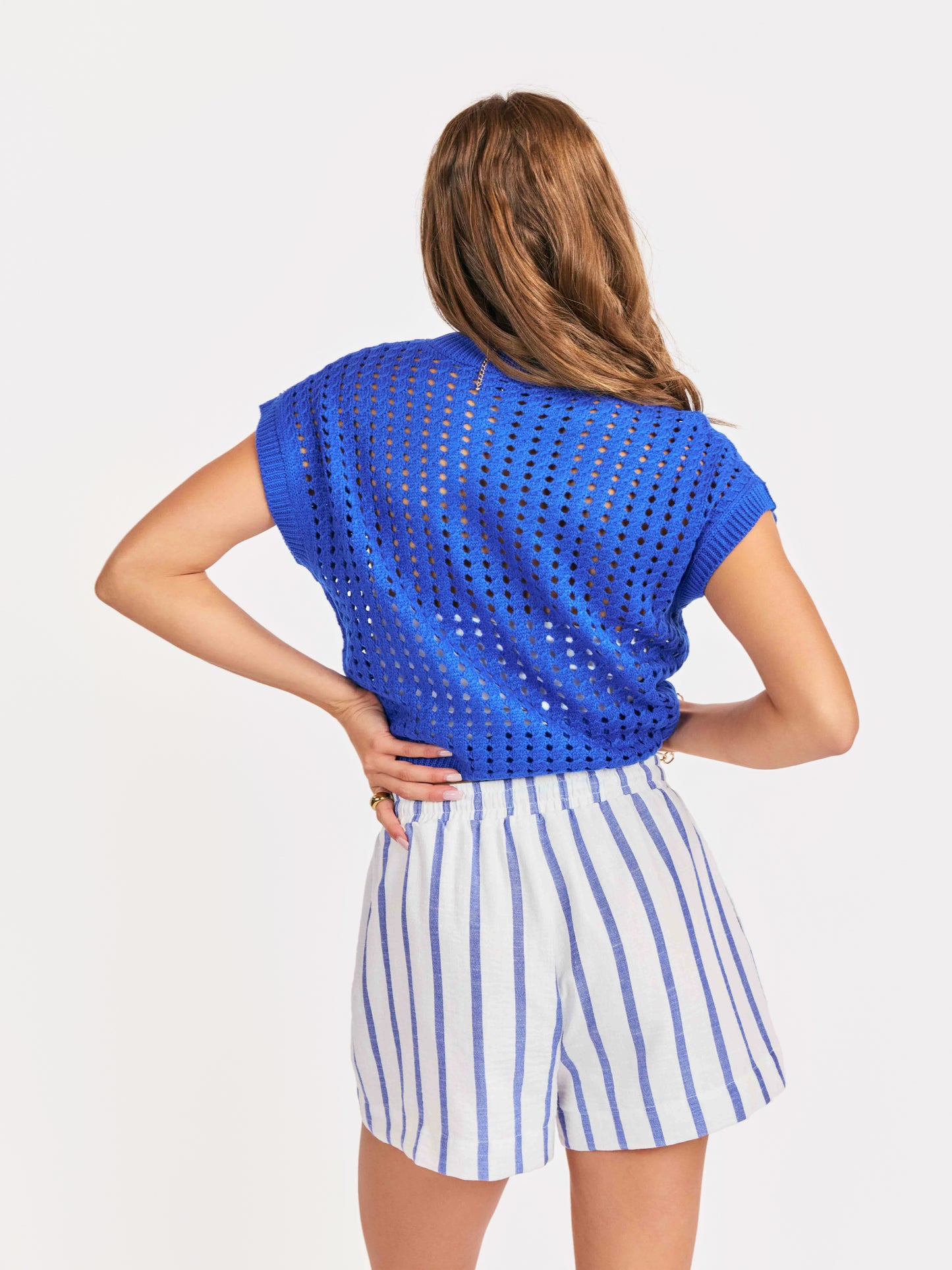 Elia Open Knit Pullover in Cobalt Blue - back crop view