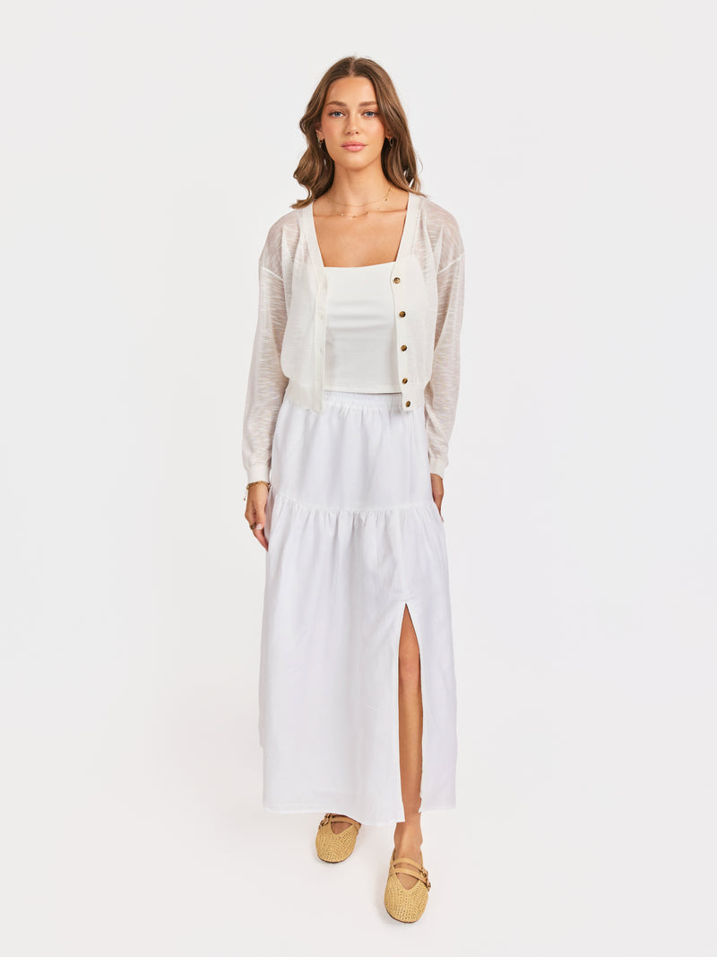 Evie Button Front Cardigan in White - front view